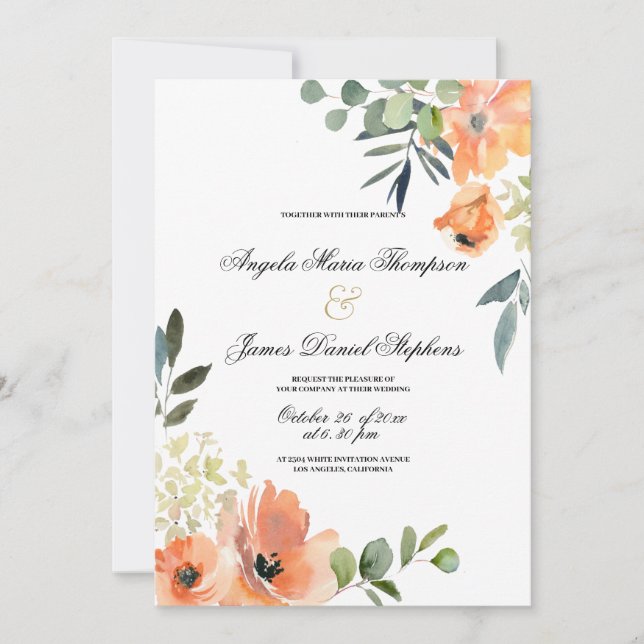 convite de casamento floral verde menta coral rosa (Frente)