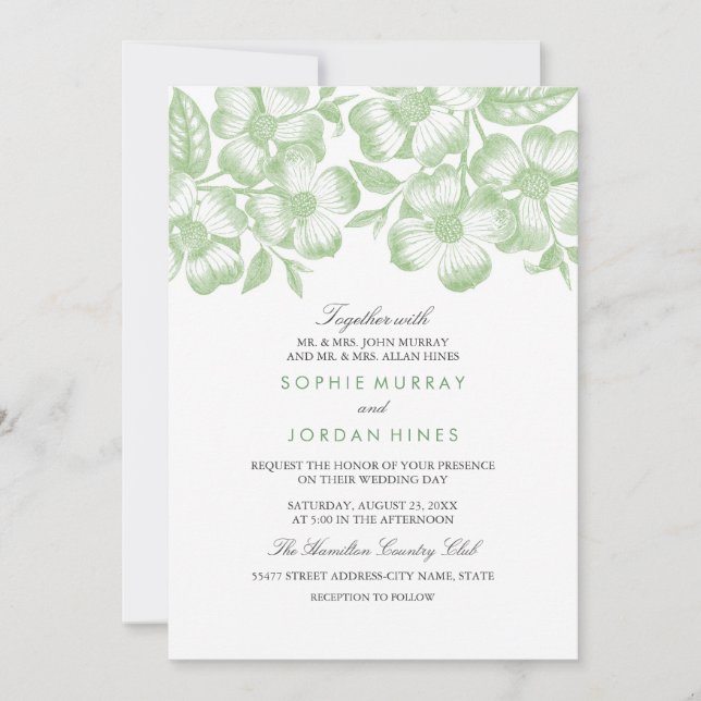 Convite de Casamento Floral Verde Moderno (Frente)