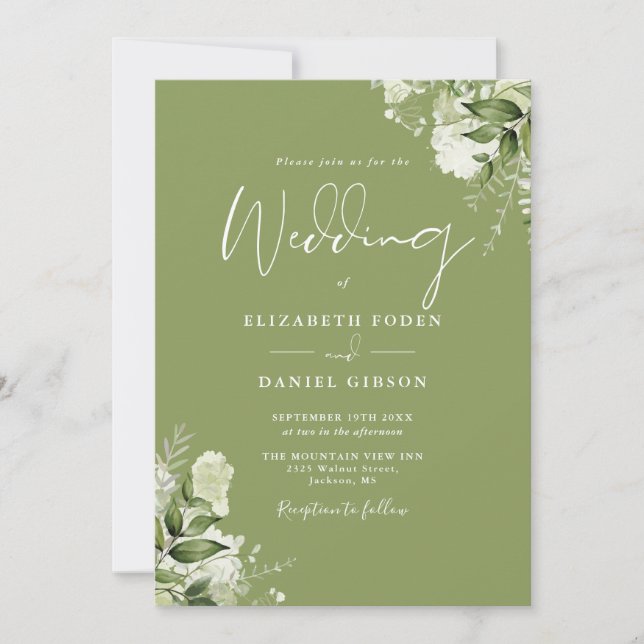 Convite de Casamento Floral Verde Musgo QR Code (Frente)