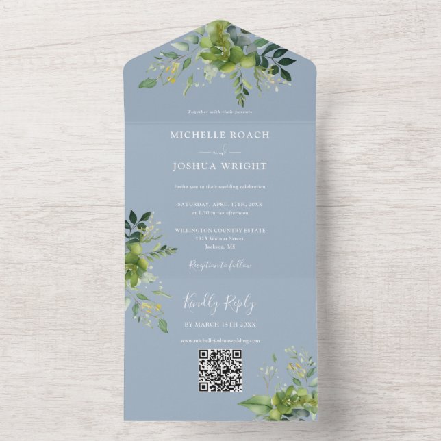 Convite de Casamento Floral Verde QR Code Moderno  (Inside)