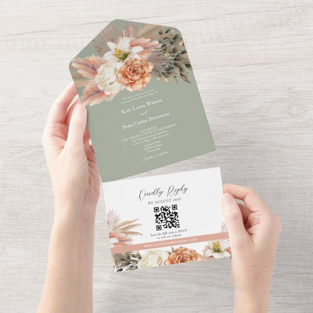 Convite de Casamento Floral Verde Sage Código QR (Tearaway)