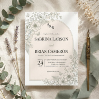 Convite de Casamento Floral Verde Sage Elegante