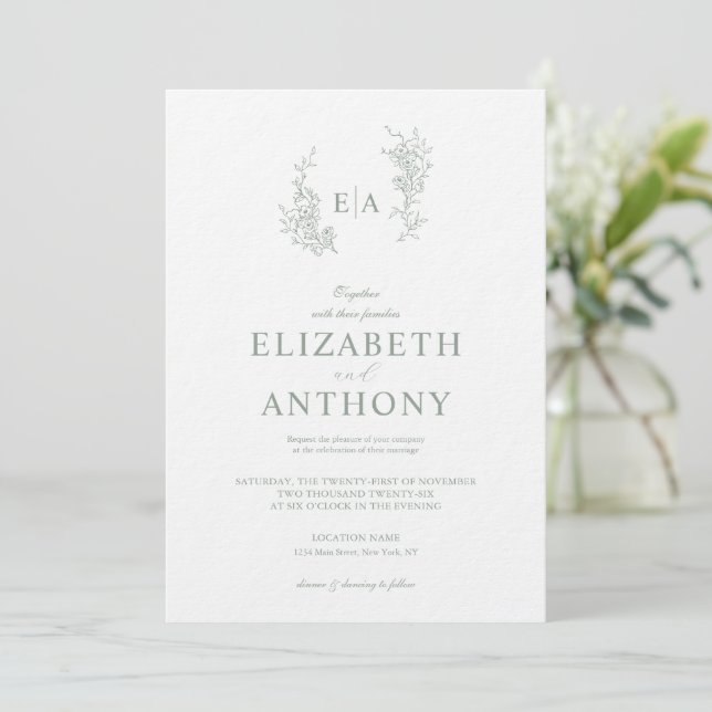 Convite de Casamento Floral Verde Sage Simples (Em pé/Frente)
