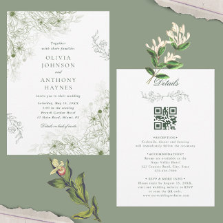 Convite de Casamento Floral Verde Sage Tudo-em-Um