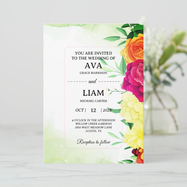 Convite de Casamento Floral Verde Salvia (Em pé/Frente)