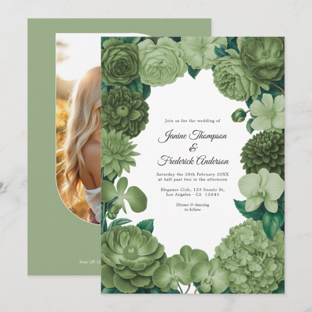 Convite de Casamento Floral Verde Salvia com Foto  (Frente/Verso)