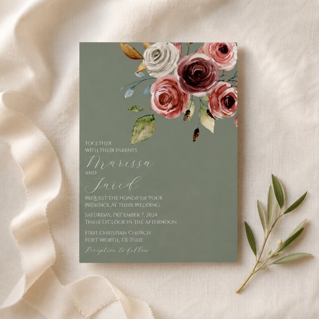 Convite de Casamento Floral Verde Salvia Rosa Empo (Criador carregado)