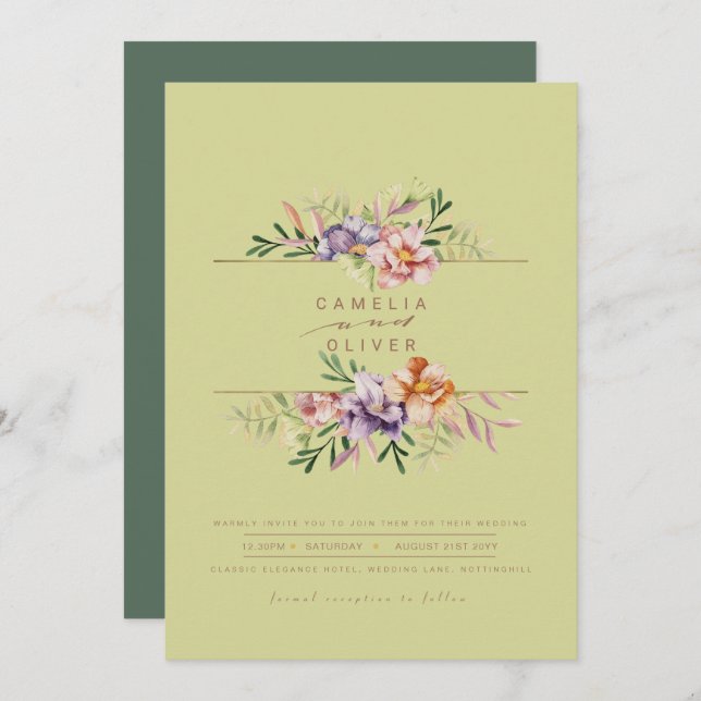 Convite de casamento Floral Verde Verão Código QR (Frente/Verso)