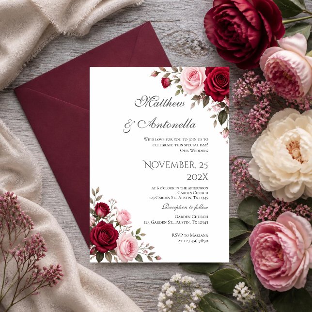 Convite de Casamento Floral Vermelho (Criador carregado)