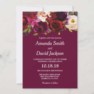 Convite de Casamento Floral Vermelho Borgonha Aqua