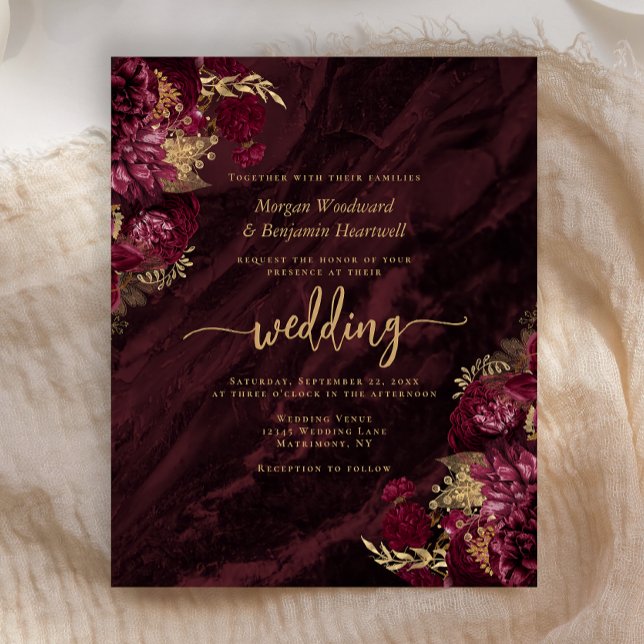Convite de Casamento Floral Vermelho Borgonha Dour (Criador carregado)