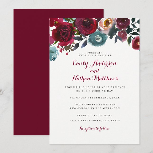Convite de Casamento Floral Vermelho Borgonha para (Frente/Verso)