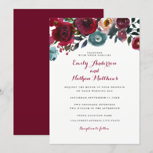 Convite de Casamento Floral Vermelho Borgonha para