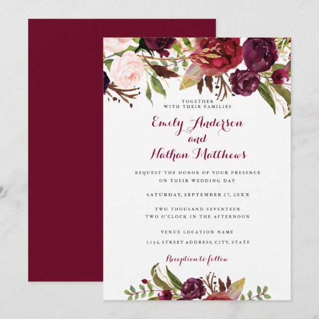 Convite de Casamento Floral Vermelho Borgonha para (Frente/Verso)