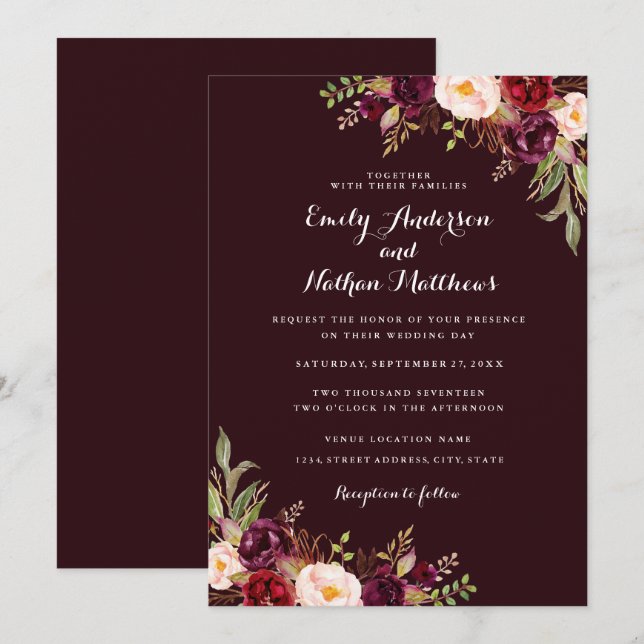 Convite de Casamento Floral Vermelho Borgonha Prof (Frente/Verso)