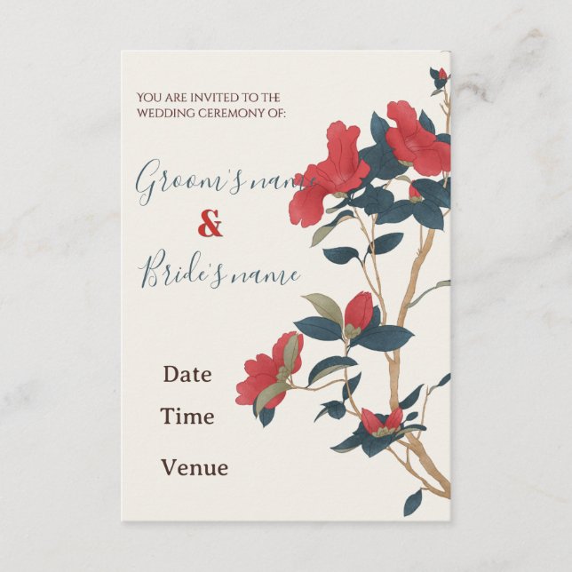 Convite de Casamento Floral Vermelho Botânico Clás (Frente)