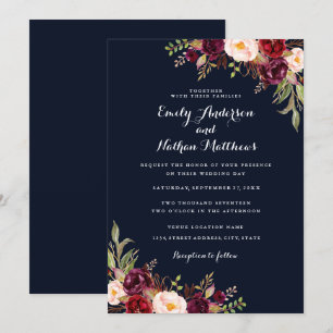 Convite de Casamento Floral Vermelho Burgundy Azul