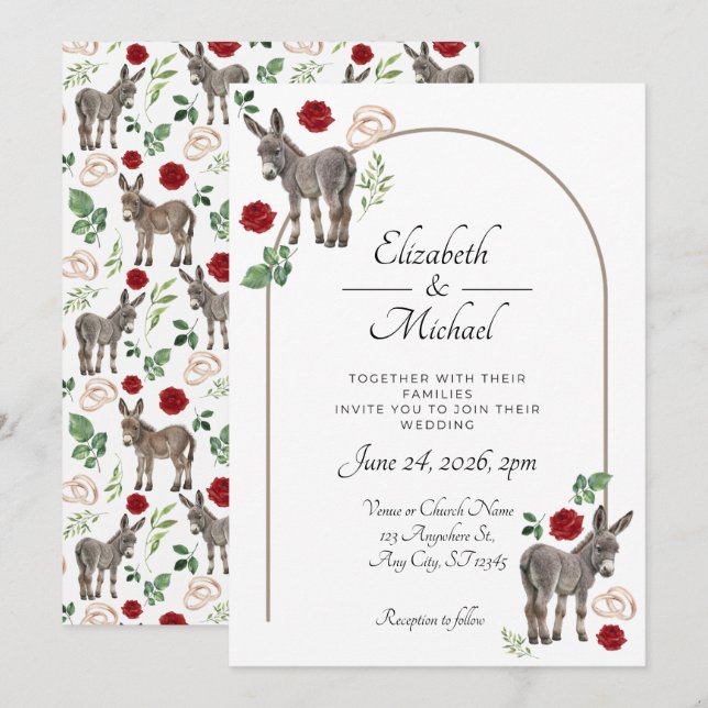 Convite de Casamento Floral Vermelho Burro Rústico (Frente/Verso)