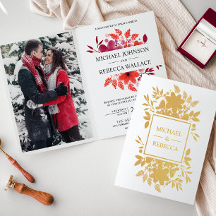 Convite de Casamento Floral Vermelho Carmesim Folh