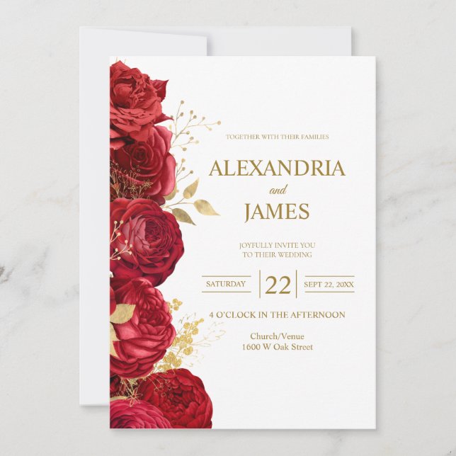 Convite de Casamento Floral Vermelho e Dourado (Frente)