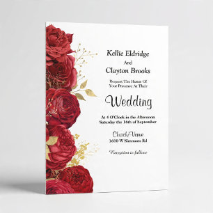 Convite de Casamento Floral Vermelho e Dourado