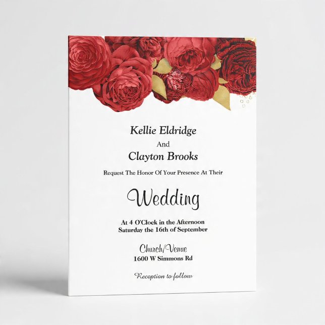 Convite de Casamento Floral Vermelho e Dourado (Criador carregado)