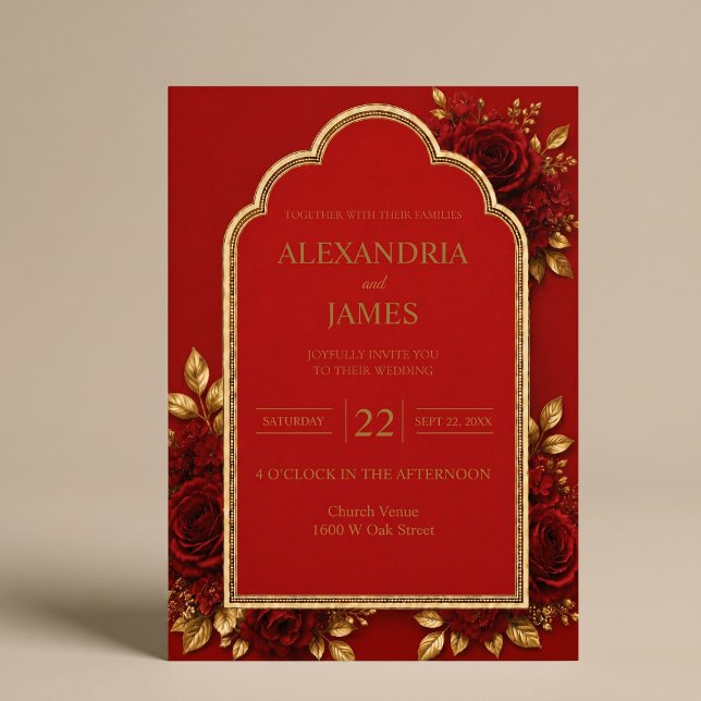 Convite de Casamento Floral Vermelho e Dourado (Criador carregado)