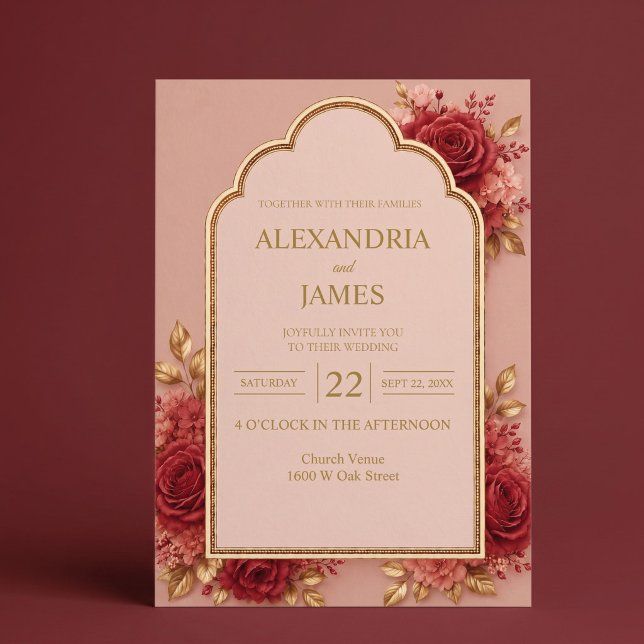 Convite de Casamento Floral Vermelho e Dourado (Criador carregado)