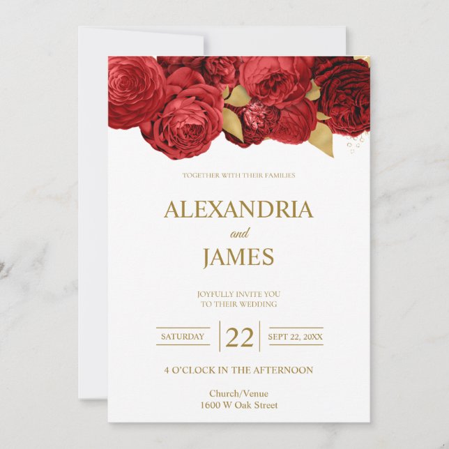Convite de Casamento Floral Vermelho e Dourado (Frente)