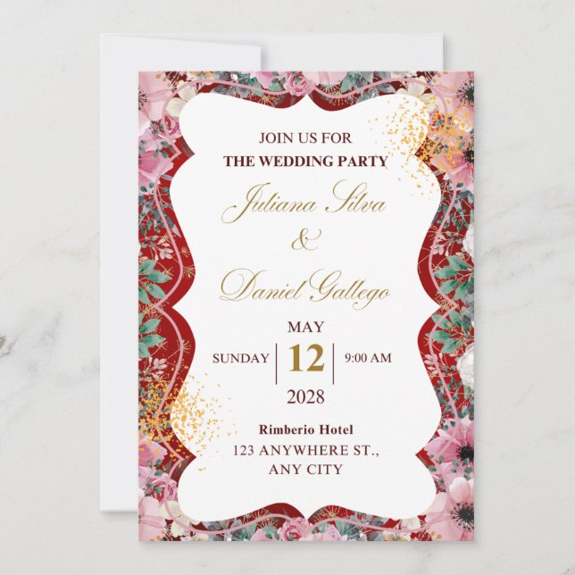 Convite de casamento floral vermelho e rosa (Frente)
