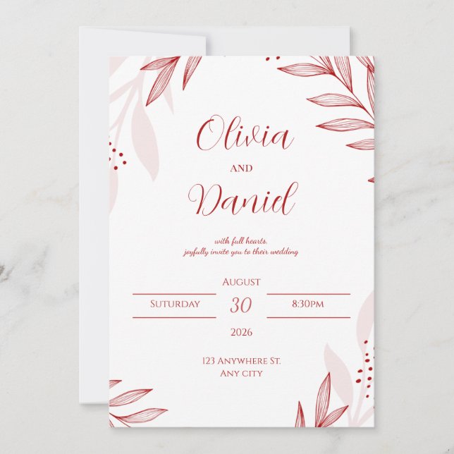Convite de Casamento Floral Vermelho Elegante (Frente)