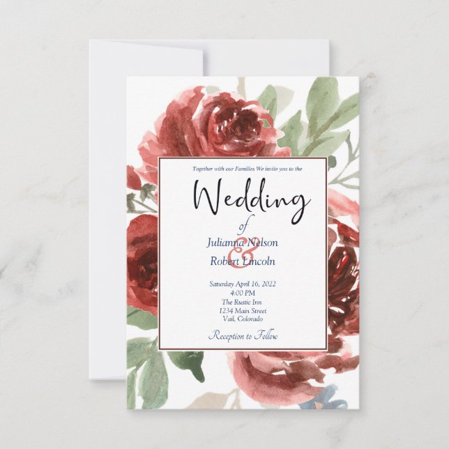 Convite de casamento floral vermelho elegante (Frente)
