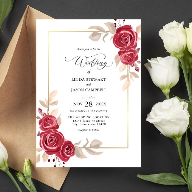 Convite de Casamento Floral Vermelho Elegante com  (Elegant red floral gold frame invitation adds rich romance and sets a luxe wedding tone.)