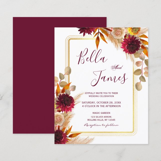 Convite de Casamento Floral Vermelho Marsala Econô (Frente/Verso)