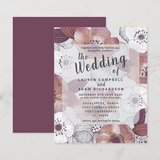 Convite de Casamento Floral Vermelho Roxo Orçament (Frente/Verso)