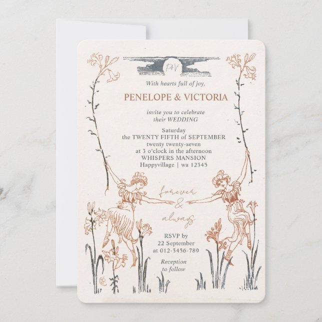 Convite de Casamento Floral Vintage Lésbico (Frente)