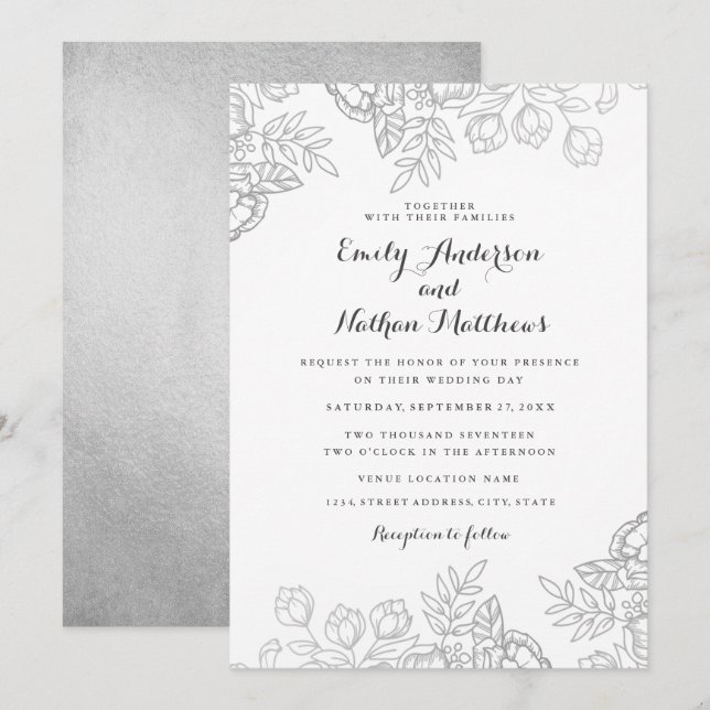 Convite de Casamento Floral Vintage Prateado Elega (Frente/Verso)