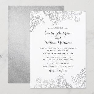 Convite de Casamento Floral Vintage Prateado Elega