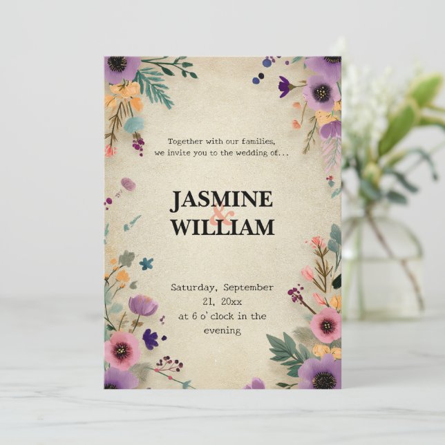 Convite de Casamento Floral Vintage Rústico (Em pé/Frente)