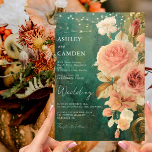 Convite de Casamento Floral Vintage Verde Esmerald
