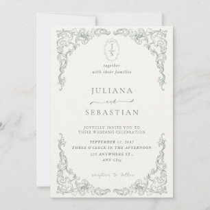 Convite de Casamento Floral Vintage Verde Sage Ele