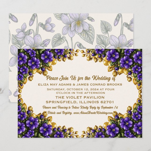 Convite de Casamento Floral Violeta Azul de Illino (Frente/Verso)