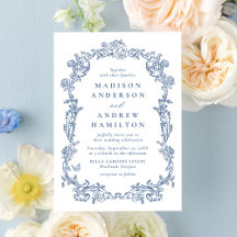 Convite de Casamento Floral Vitoriano Azul Francês