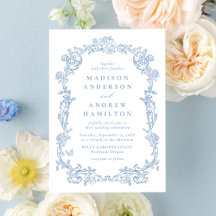 Convite de Casamento Floral Vitoriano em Azul Poei