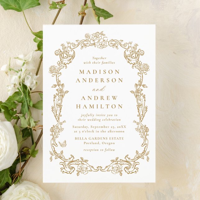 Convite de Casamento Floral Vitoriano em Ouro Eleg (Criador carregado)