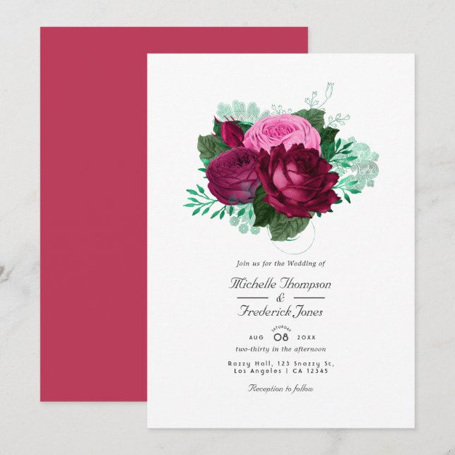 Convite de Casamento Floral Viva Magenta (Frente/Verso)
