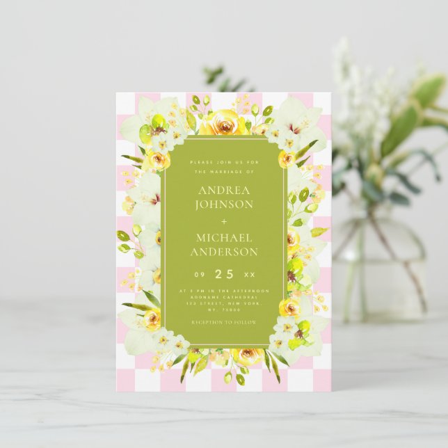 Convite de Casamento Floral Xadrez Amarelo e Verde (Em pé/Frente)