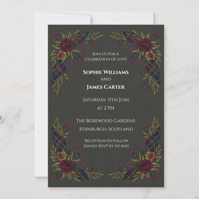 Convite de Casamento Floral Xadrez Escuro (Frente)