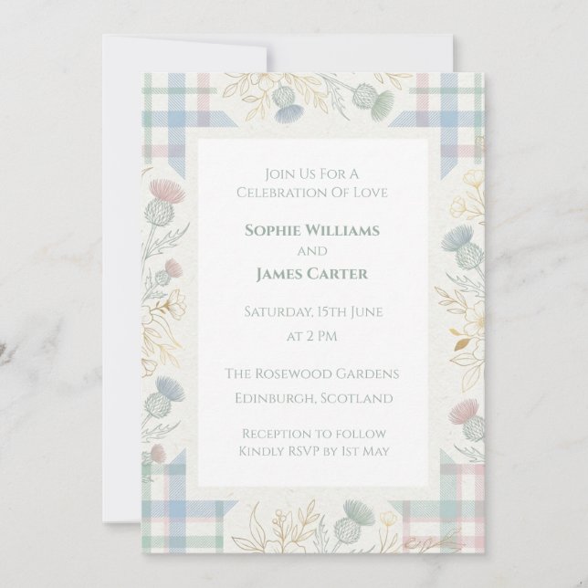 Convite de Casamento Floral Xadrez Pastel (Frente)