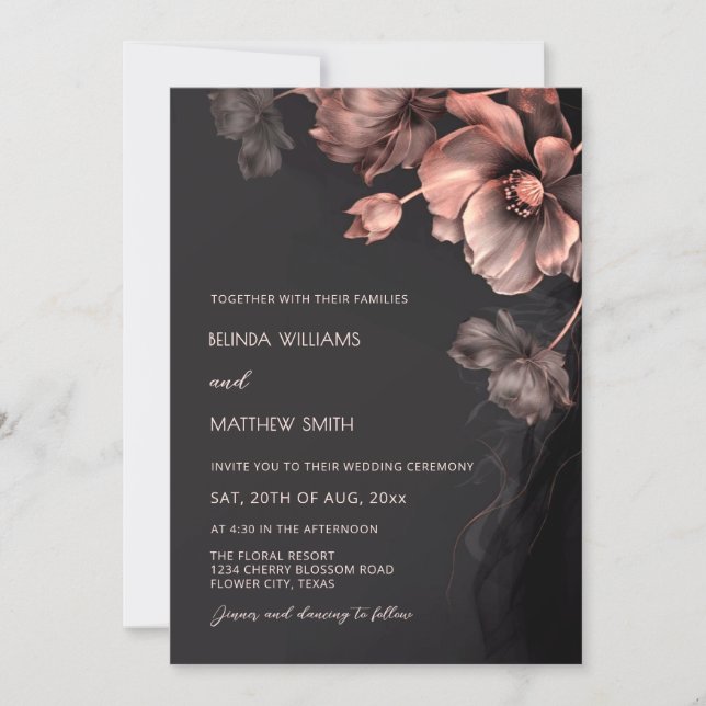 Convite de Casamento Flores 3D Metálicas Rosa Bege (Frente)